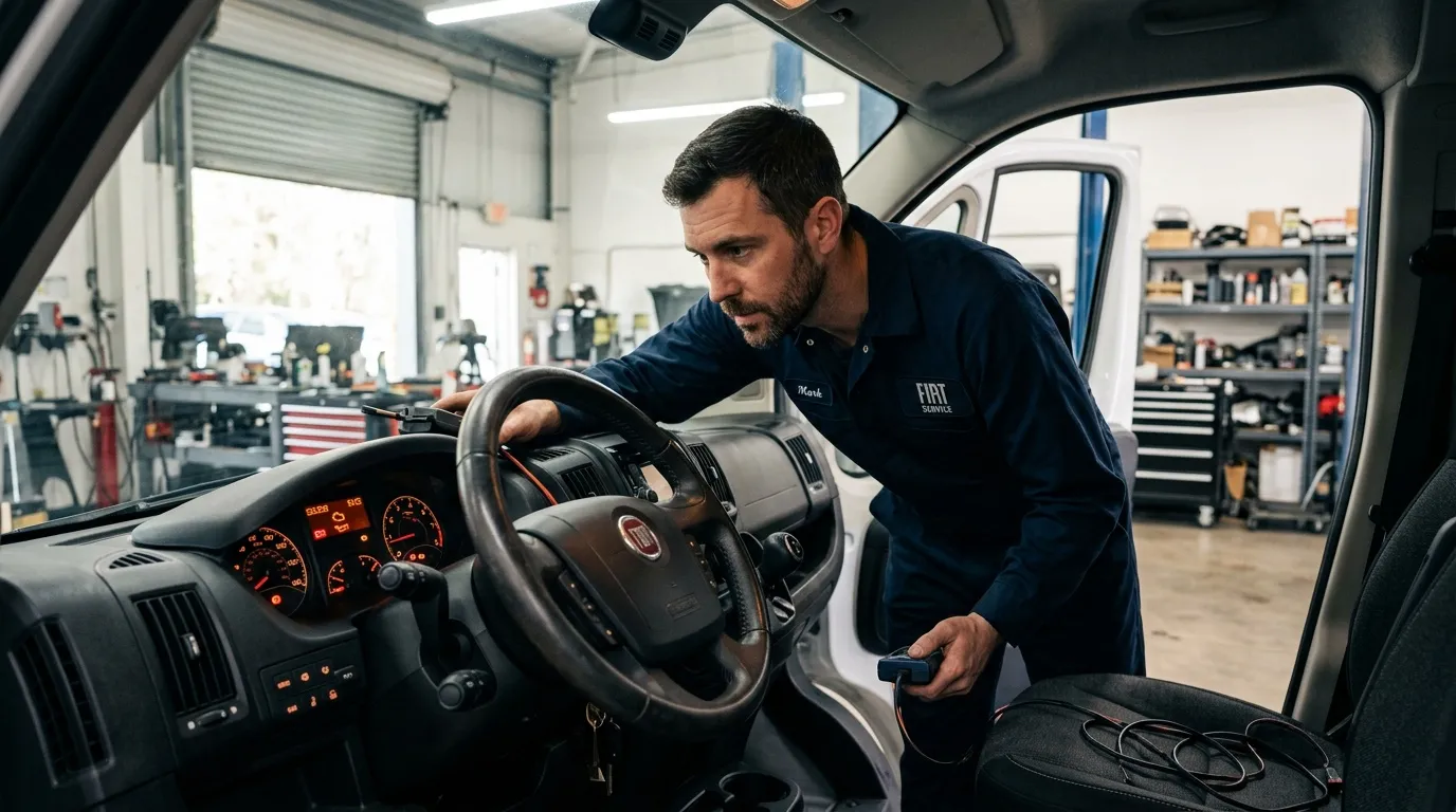 Mécanicien inspectant volant Fiat dans garage automobile